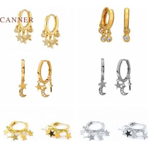 CANNER Earrings For Women 925 Sterling Silver Three Zircon Cross Stars Moon Earrings Hoops Pendientes Korean Fine Jewelry Joyero