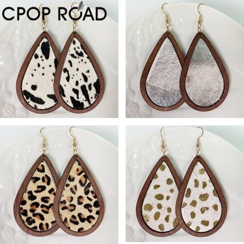 Cpop Teardrop Genuine Leather Earrings for Women Horse Hair Leopard Cow Color Wood Pendant Water Drop Earrings Texture Jewelry