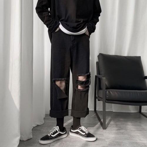 Mens Burr Holes Baggy Casual Pants Cargo Pocket Wash Jeans Black Color Fashion Retro Loose Wide Leg Pants Biker Denim Trousers