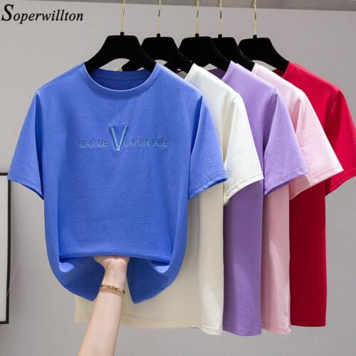 Cotton T Shirt Embriodery Letter 2021 Summer Short Sleeve Women Top Black White Tshirt Korean Style T-shirt Femininant Clothes