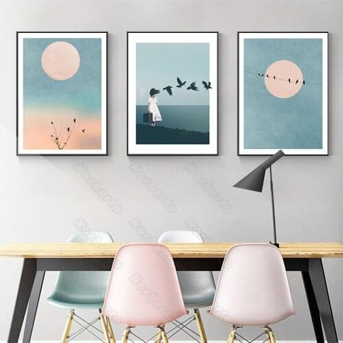 Modern Style Canvas Painting Wall Poster Remote Mountain Pretty Girl Geese Pink Sun Birds On The Wire for Home Room Wall Decorat