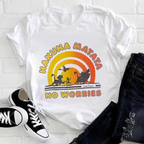 Summer Girl Cartoon HAKUNA MATATA NO WORRIES Timon Pumbaa Simba Lion King Print T shirt Women Tee Short Sleeve White Plus Size