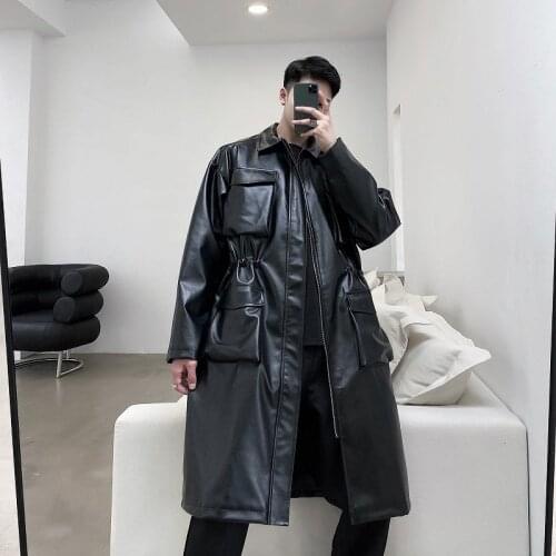 2020 Mens Fashionable Pocket Coats Loose Casual Long Baseball Bomber Jackets PU Leather Motorcycle Moto Black Windbreaker