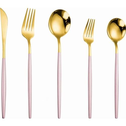 Gold Fork Spoon Knife Set Pink Gold Stainless Steel Cutlery Set Complete Dinner Tableware Flatware Kitchen Utensils Dropshipping