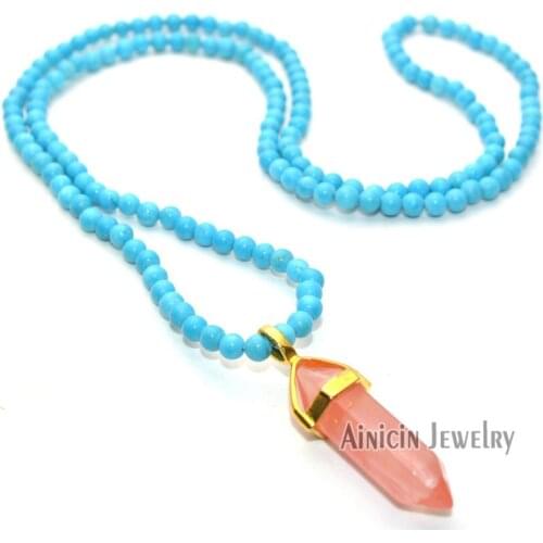 New Arrival 4mm Blue Turquoise 20'' Fashion Women Necklace Natural Semi-precious Stone Crystal Pointed Pendant Jewelry 5pcs/lot