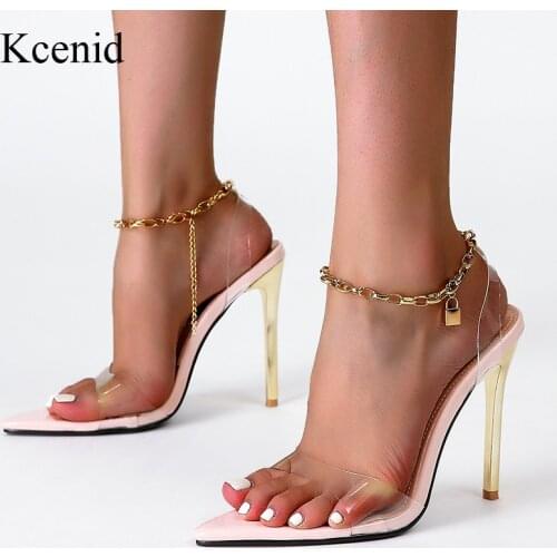 Kcenid New Transparent PVC Summer High Heels Womens Shoes Fashion Sexy Metal Decoration Ankle Strap Peep Toe Sandals Women