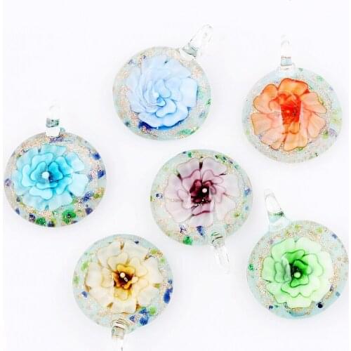 Qianbei Fashion Wholesale 6pcs Handmade Murano Lampwork Glass Mix Color 3D Flower Round Pendants Fit Necklace Transparent