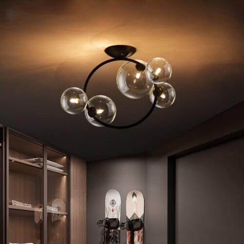 Modern Glass Ball Led Ceiling Light Black Ring Art Design Home Decor Chandelier Indoor Corridors Bedroom Dining Living Room Lamp