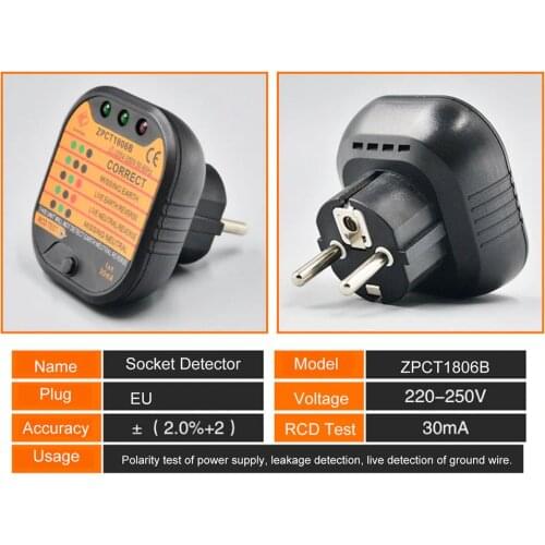 ZPCT1806B Outlet Socket Tester Detector Circuit Polarity Voltage Plug Breaker EU Ground Zero Line Switch Safety Electroscope