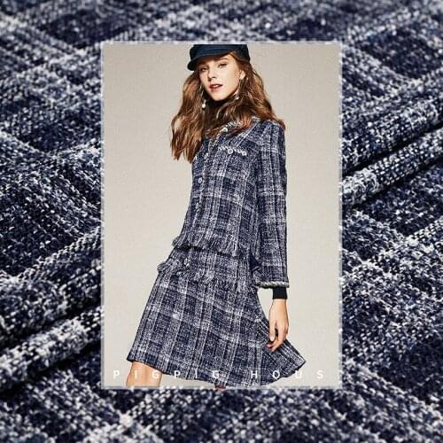 Pearlsilk Blue White Chans Style Tweed Yarn Dyed 100%Polyester Garment Materials Jacket Skirt DIY clothes fabrics