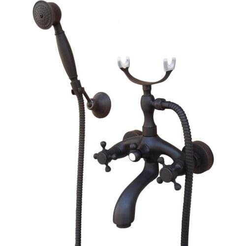 Bathroom Black Oil Rubbed Bronze Wall Mounted Clawfoot Tub Filler Faucet Handshower Two Cross Handles atf563