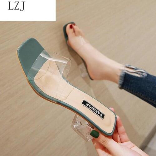 2020 Women Sandals Shoes Celebrity Wearing Simple Style PVC Clear Strappy Buckle High Heels Woman Transparent Heels Yellow