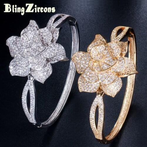BeaQueen Luxury AAA Cubic Zirconia Micro Paved Setting Big Flower Wedding Bangles Women Stunning Jewelry Accessories B094