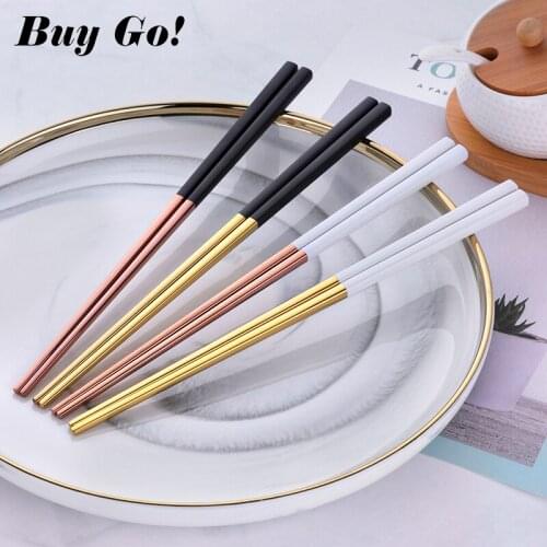 1Pair Luxury 304 Stainless Steel Square Chopsticks Household Titanium Gold Rose Sushi Hashi Colorful Chinese Japanese Chopsticks