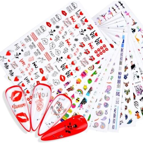 1pcs Valentines Day Nail Stickers Cute Cartoon Decorations For Nails Letter Lip Print Adhesive Decals Anime Tatto For Manicure