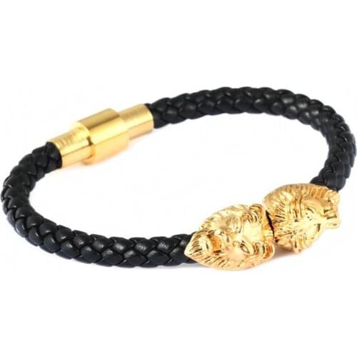 10pcs)Hot Sale Personality Bracelet Lion Head Bracelet Black Leather Braided Leather Bracelets Bangles For Men Women Pulseras