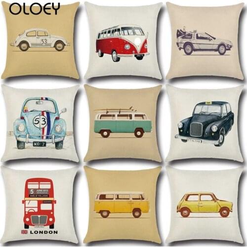 45x45cm Linen Pillow Decorative Linen Cushion Cover Cartoon Vintage Car Pillow Case Square Vintage Almofadas