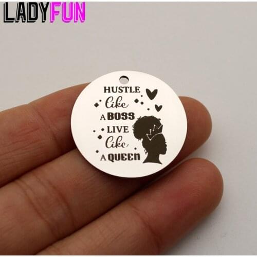Afro Queen Black Girl Charm Stainless Steel Hustle Like A Boss Live LikeBoss Charms High Polish Mirror Surface Pendant 20pcs/lot