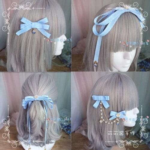 Hair accessories ponytail hair band headband light blue ribbon bow hairpin side clip Japanese girl heart ancient wind chain
