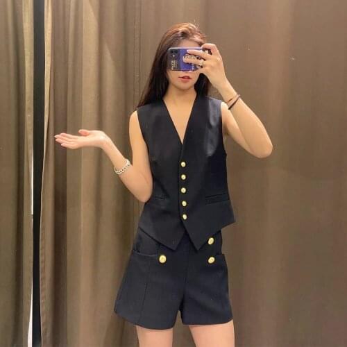 BBWM Simplicity 2021 Summer New Preppy Style Female Western All-Match V-neck Buckle Vest Womens Clothing