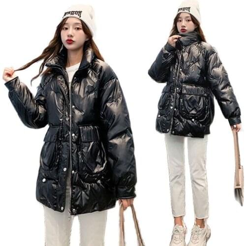 Embroidery Glossy Cotton Puffy Jacket Womens Winter 2021 Plus Size Loose Short Coat Girl Thick Warm Bread Service Parkas Woman