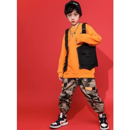 Kids Jazz dance Outfits Sweatshirt Top Sleeveless Jacket Camouflage Tactical pants Girls Boys HIP HOP Dance Costume Clothes Wear