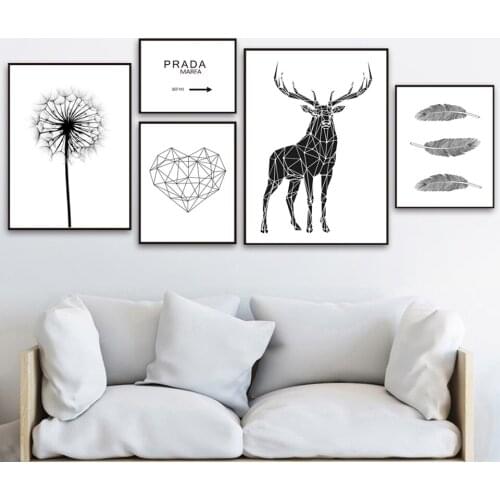 Home Decor Canvas Painting Poster Deer Heart Feather Dandelion Quotes Black White Pictures Wall Art Prints Modular Living Room