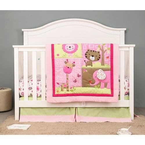 3pcs Pink Elephant Crib Bedding Set for Girls, Hypoallergenic Microfiber Nursery Set,Baby Comforter, Crib Sheet and Dust Ruffle