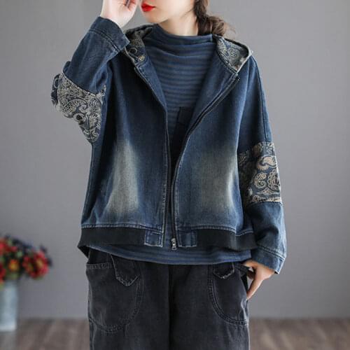 Retro Stitching Printed Denim Hooded Jacket For Womens 2021 Autumn New Loose Big Size Long Sleeve Zipper Short Jackets aq853