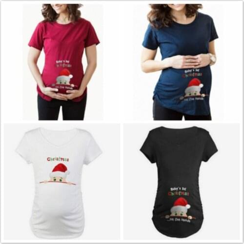 Summer Pregnant Woman Christmas Maternity Short Sleeve T Shirts Christmas Side Ruched Funny Top Tee Casual Pregnancy Out Clothes