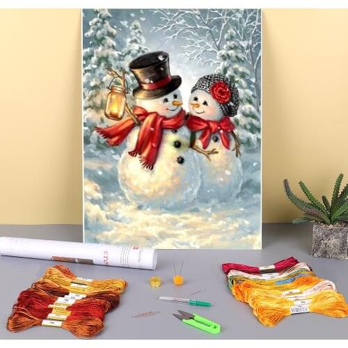 Christmas Snowman Printed Canvas 11CT Cross-Stitch Embroidery Set DMC Threads Needlework Craft Handmade Sewing For Design