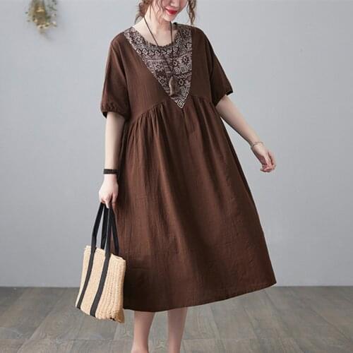 2021 New Arrival Short Sleeve Loose Summer Dress Cotton Linen Patchwork Vintage Dress Plus Size Women Travel Casual Midi Dress