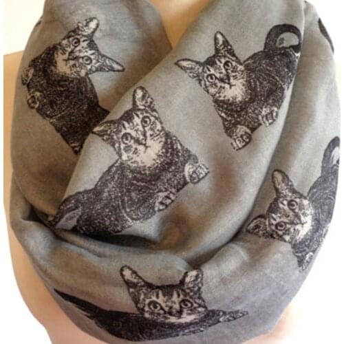 FOXMOTHER Free Shipping Fashion Ladies Cute Woman Grey Navy Color Cat Print Ring Scarves Loop Cat Animals Scarfs For Womens