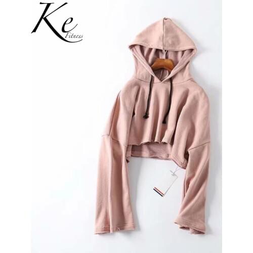 KE white pink loose trumpet sleeves hooded navel short sports sweater women dance fitness casual sweater tide
