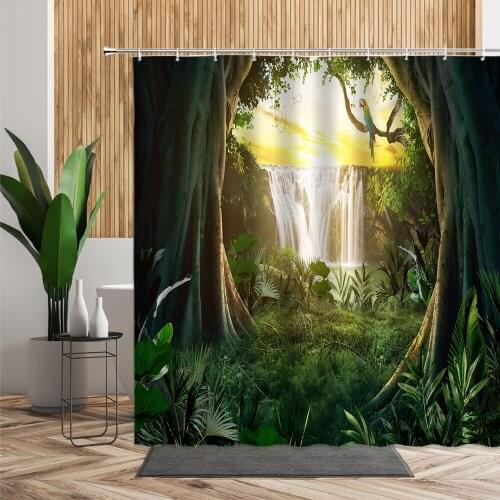 Tropical Green Jungle Shower Curtain Waterfall Tree Parrot Bathroom Decor Set 3D Sunset Summer Scenery Bath Fabric Home Curtains