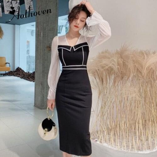 Spring Women Sexy Party Dress V Neck Full Flare Sleeve Bandage Bodycon Dresses Vestidos Elegant Mesh Patchwork Mid-Calf Dress