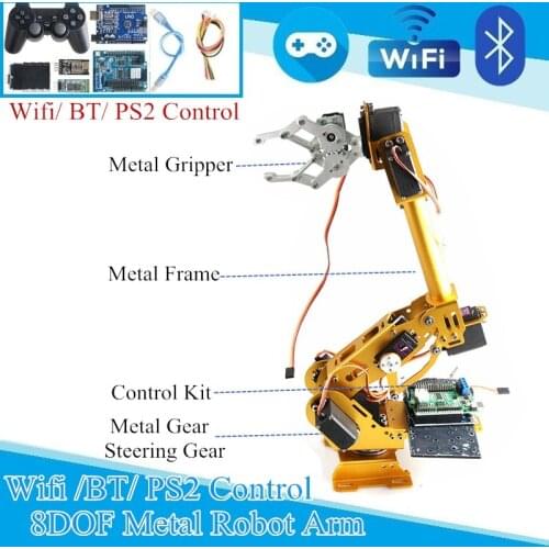 WIFI BT PS2 Control 8 DoF Manipulator Arm Metal Mechanical Hand Aluminum Alloy Robotic Manipulator ABB Arm Model With Metal Claw