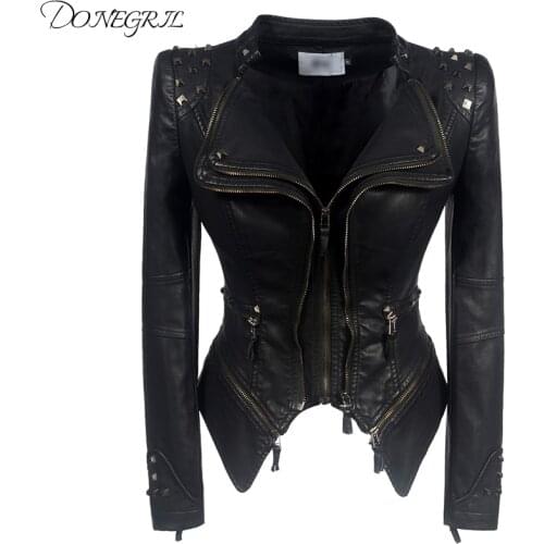 High Quality 2020 Spring Autumn Black PU Leather Loose O-down Collar Zipper Fashion New Womens Wild Rivet Jacket