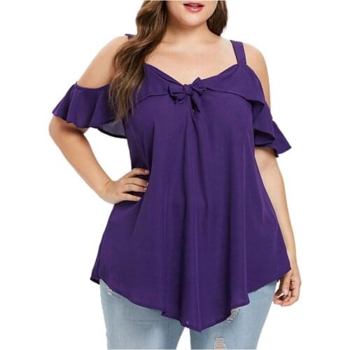 Irregular chiffon shirt with bow-knot horn sleeves large size womens wear Halter Flare Sleeve solid color Casual women Blouses