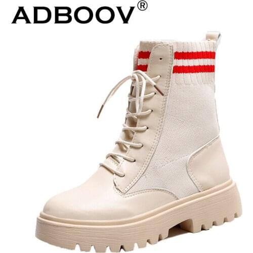 ADBOOV Lace Up Thick Sole Ankle Boots Women Fashion Sock Shoes Ladies