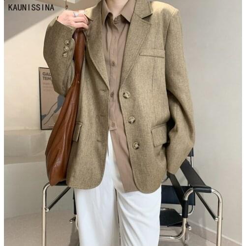 Ladies Notched Collar Blazer Single Breasted Autumn Suit Jacket Pockets Female Casual Thin Chic Blazers Women Loose Coat Outwear