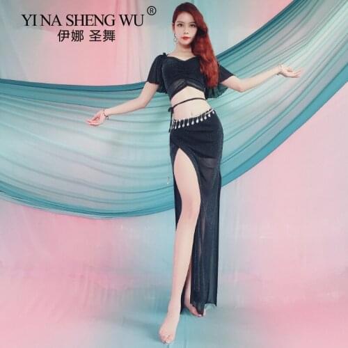 Mesh Transparent Women Belly Dance Costume 2 Piece Long Skirt Professional Dance Practice Wear Team Dance Oriental Dance Clothes