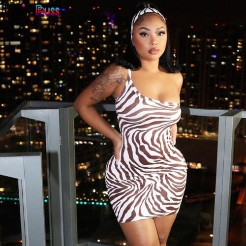 Weird Puss Zebra Print One Shoulder Bodycon Women Summer Party Skinny Dress Hollow Out Backless Mini Prom Streetwear Outfits