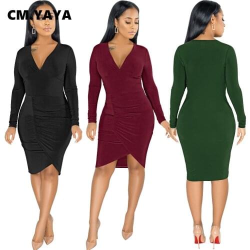 CM.YAYA Stacked V-neck Bodycon Midi Dress for Women