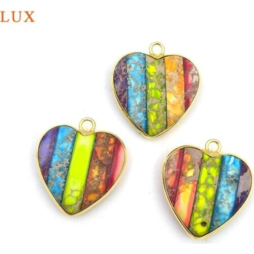 2pcs Elegant Natural Stone Colours Emperor Stone Gold Heart Shape Pendants Exquisite Charm Woman Jewelry Making Necklace