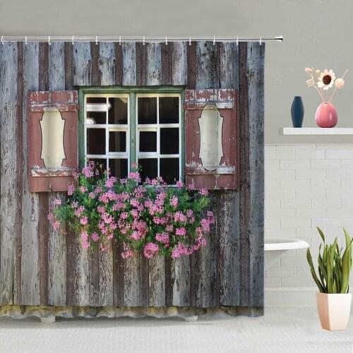 Bathroom Accessories Retro Wooden Wheel House Window Flowers Background Partition Screen Waterproof Polyester Fabric With Hook