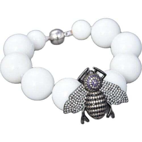 JK 8'' White Porcelain CZ Beetle Connector Bracelet