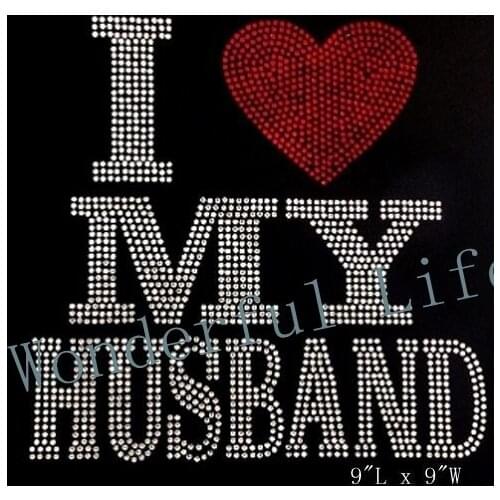 Free shipping red with white hot fix motif iron on crystal transfers design L love heart red my husband