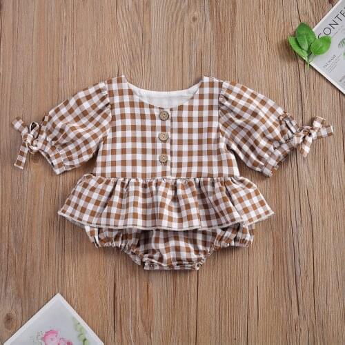 2021 New Baby Girls Long Sleeve Ruffle Bodysuit Chocolate Stripe Printed Pattern Round Collar One-Piece 0-24 Months