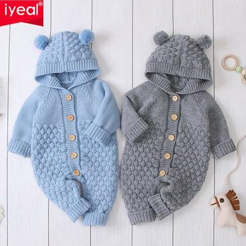 IYEAL Baby Winter Romper With Hooded Ears Cotton Knitted Sweaters Newborn Boy Girl Jumpsuit Autumn Babys Wear Kid Clothes